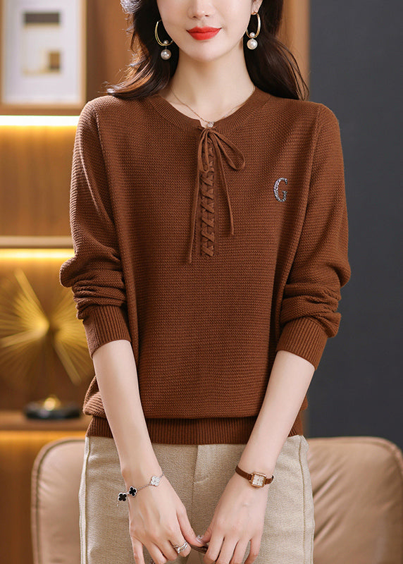 Brick Red O Neck Lace Up Knit Short Sweater Spring