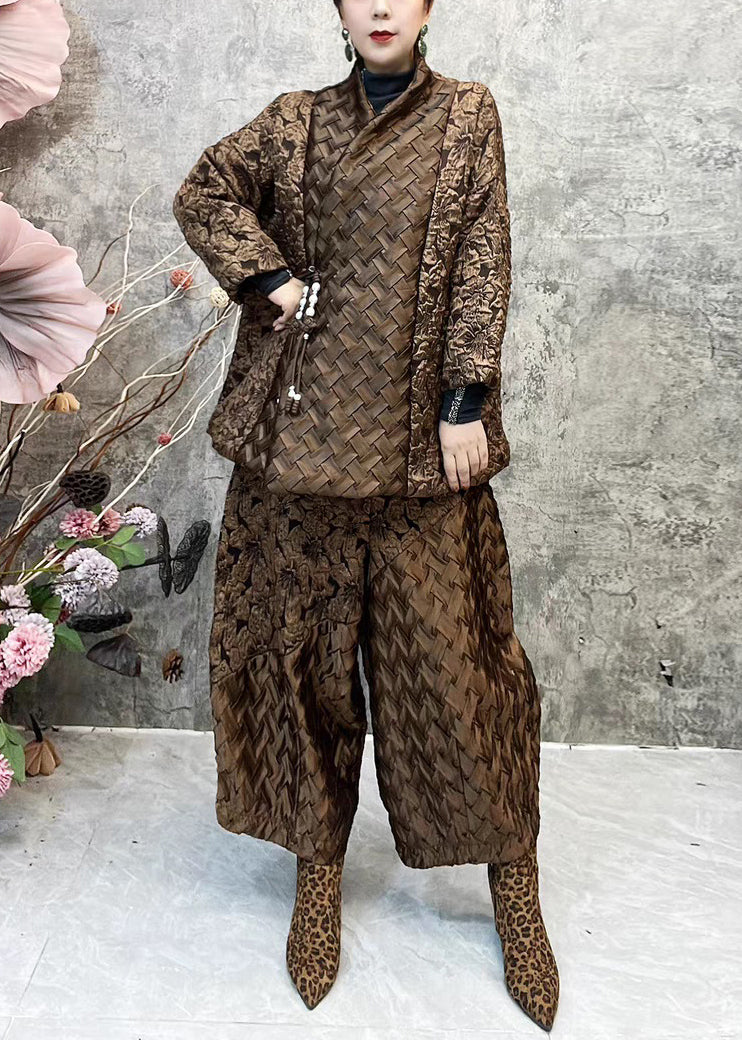 Jacquard Coffee Patchwork Coats and Lantern Pants Cotton Filled Two Pieces Set Spring