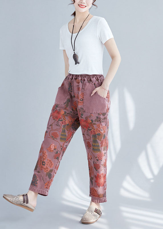 Brick Red Elastic Waist Print Cotton Denim Pants Spring