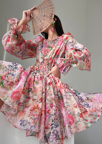 Modern Red Ruffled Print Silk Day Dresses Spring