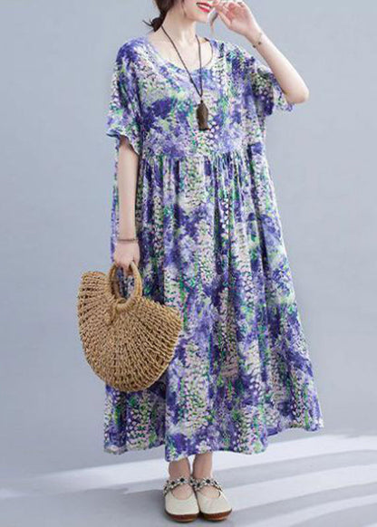 Purple O-neck Print Patchwork Long Dress Short Sleeve
