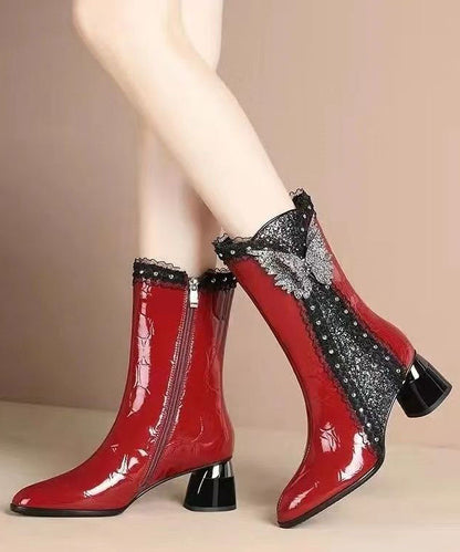 Lace Zircon Splicing Warm Fleece Boots Black Faux Leather