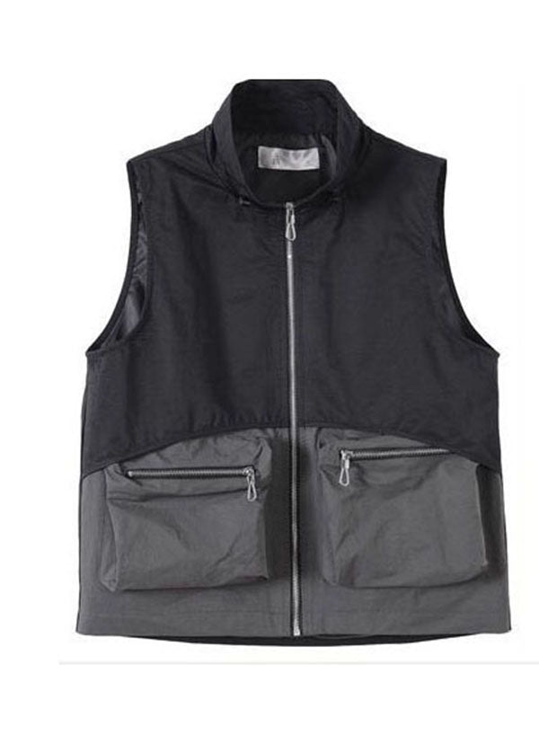 Black Stand Collar Patchwork Drawstring Cotton Vest Spring