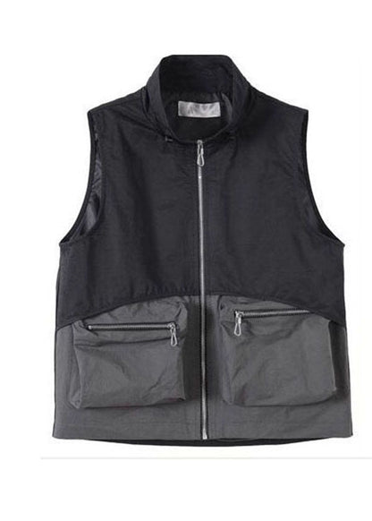 Black Stand Collar Patchwork Drawstring Cotton Vest Spring