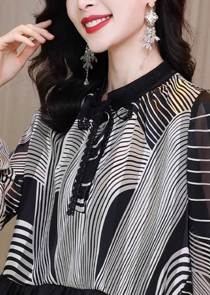 Ruffles Striped Patchwork Chiffon Shirt Tops Long Sleeve