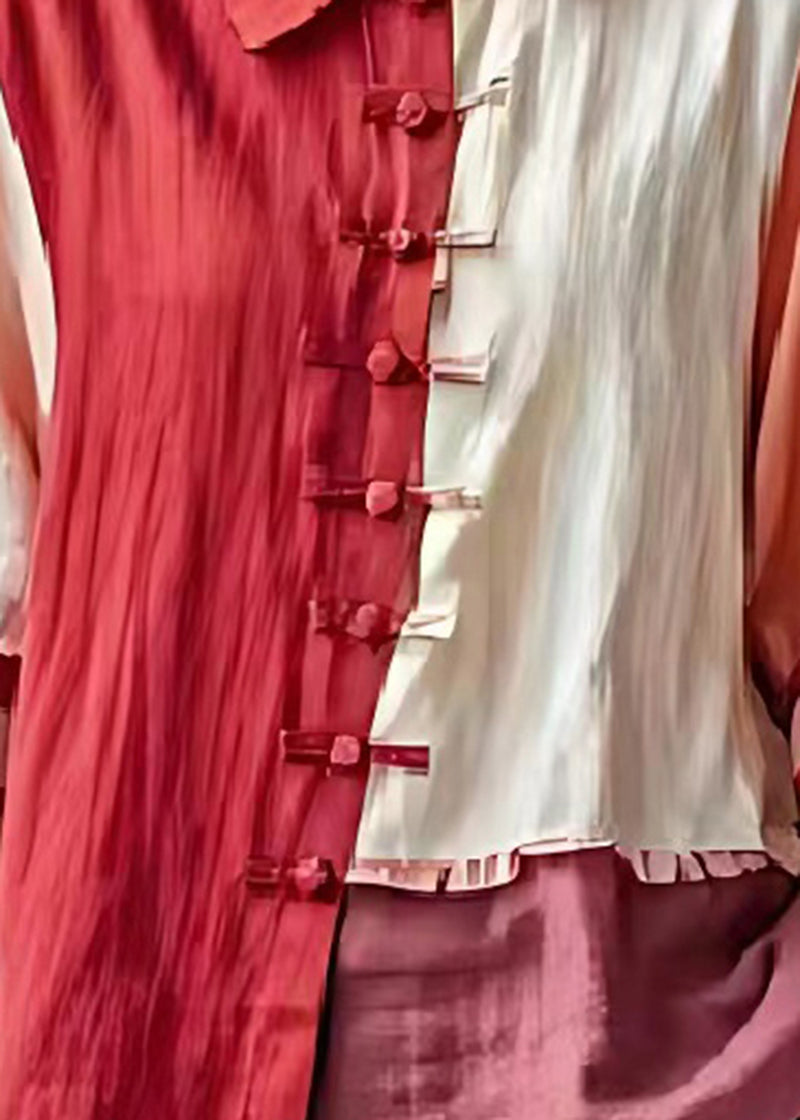 Red Asymmetrical Patchwork Chinese Button Linen Shirt Top Summer