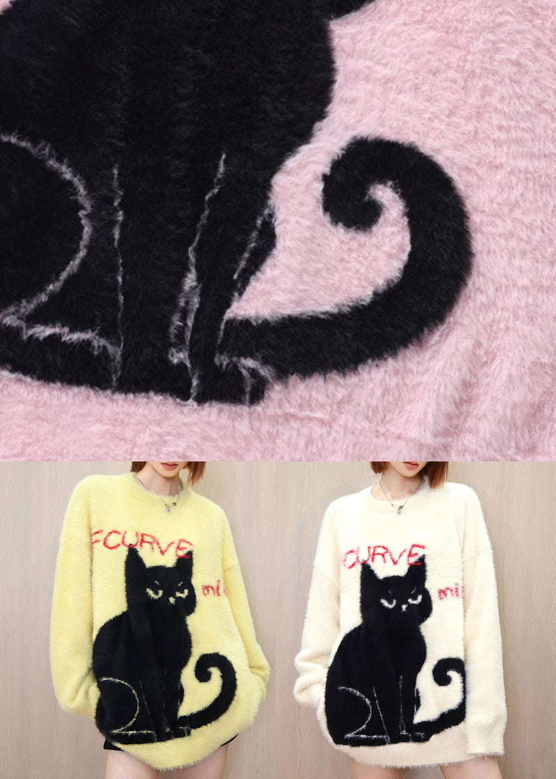 Apricot Cat Mink Hair Knitted Pullover O Neck Spring