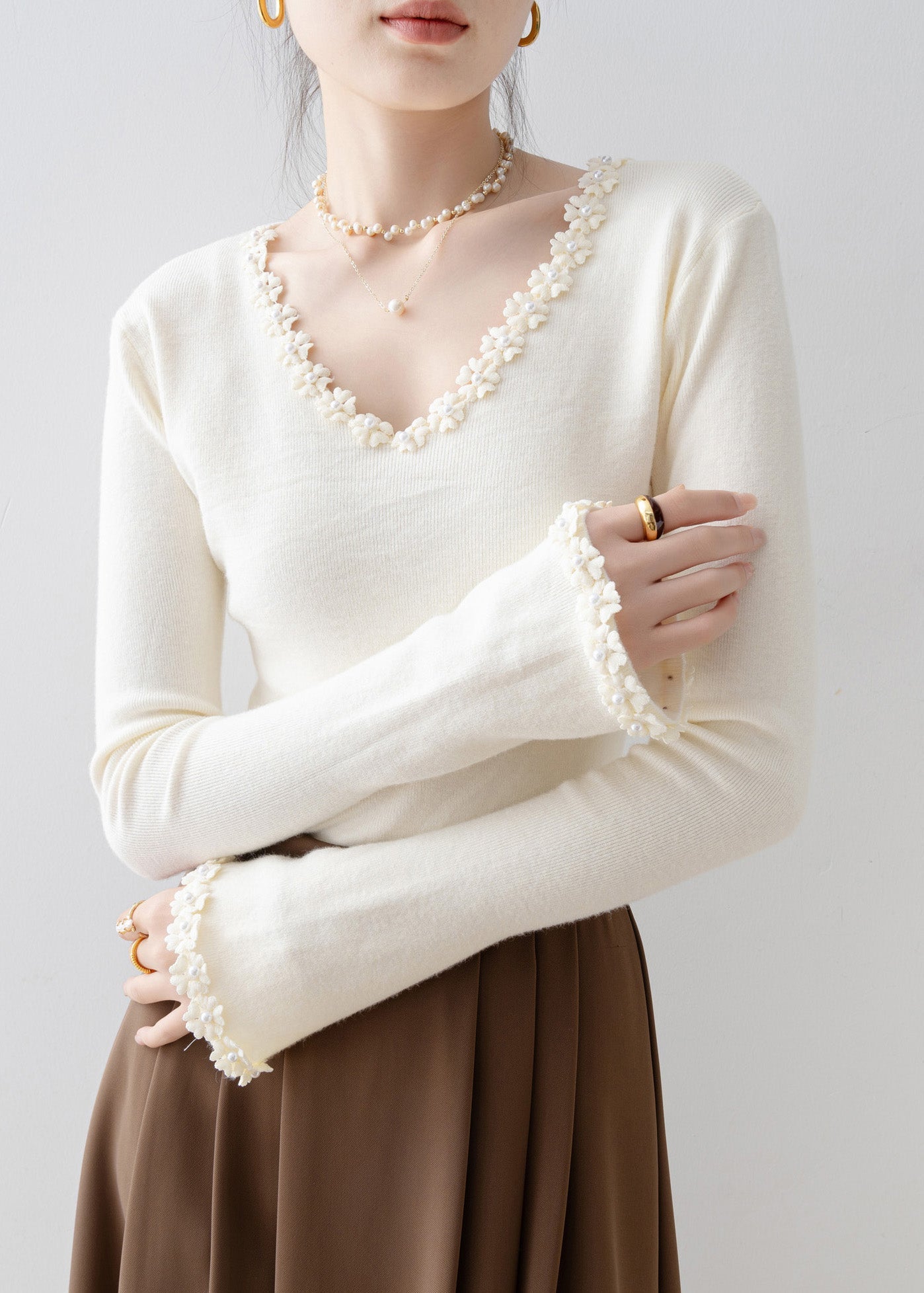 Apricot V Neck Patchwork Knit Sweaters Spring