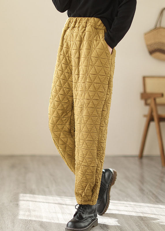 Yellow Pockets Plaid Patchwork Fleece Pants Winter