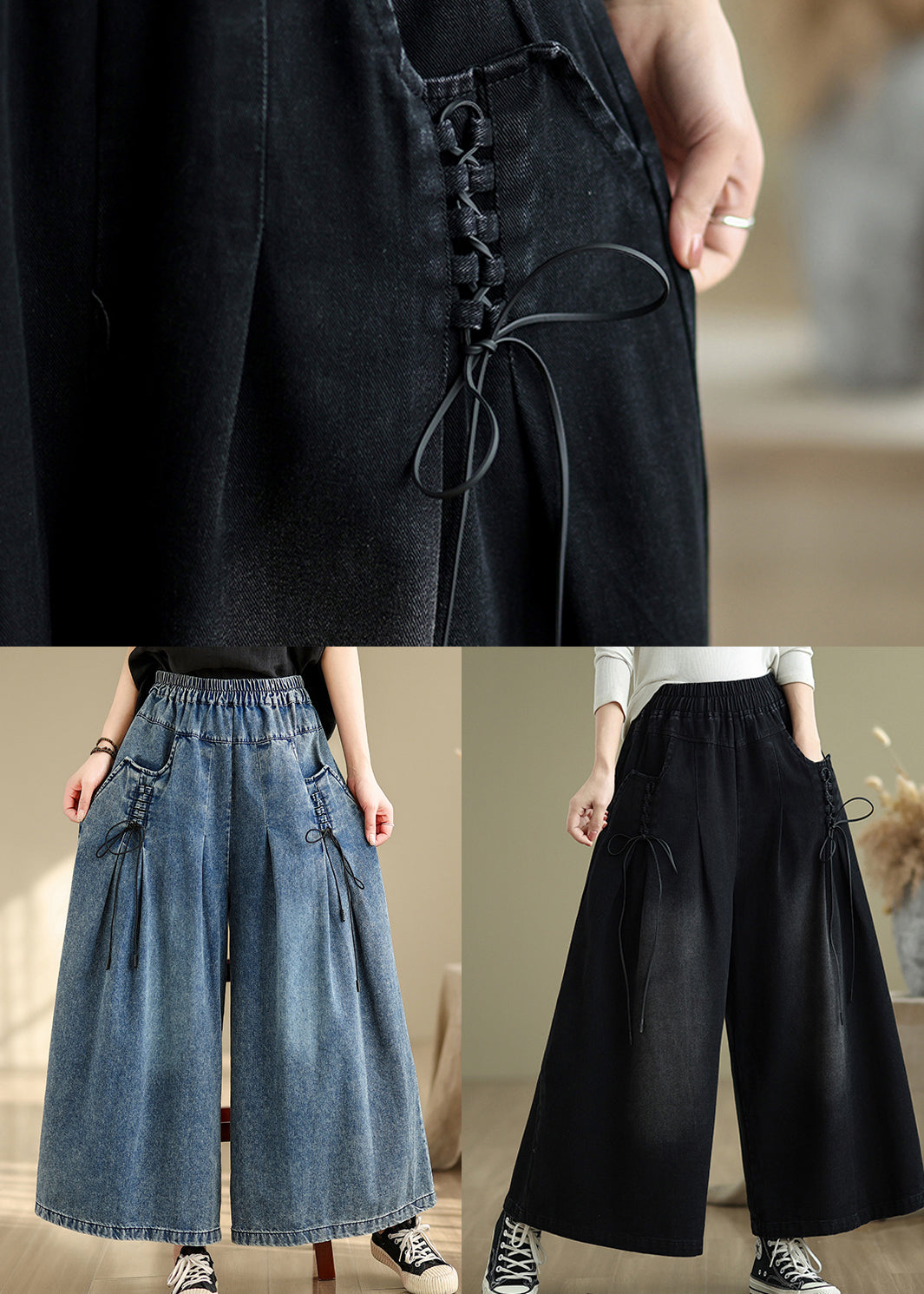 Denim Blue Cross Strap Wide Leg Pants Wrinkled Fall