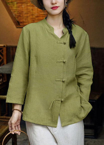 Green Stand Collar Button Linen Coats Long Sleeve