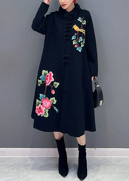 Black Button Print Patchwork Cotton Knit Coats Long Sleeve