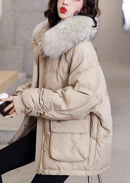 Khaki Warm Pockets Fox Collar Duck Down Coats Winter
