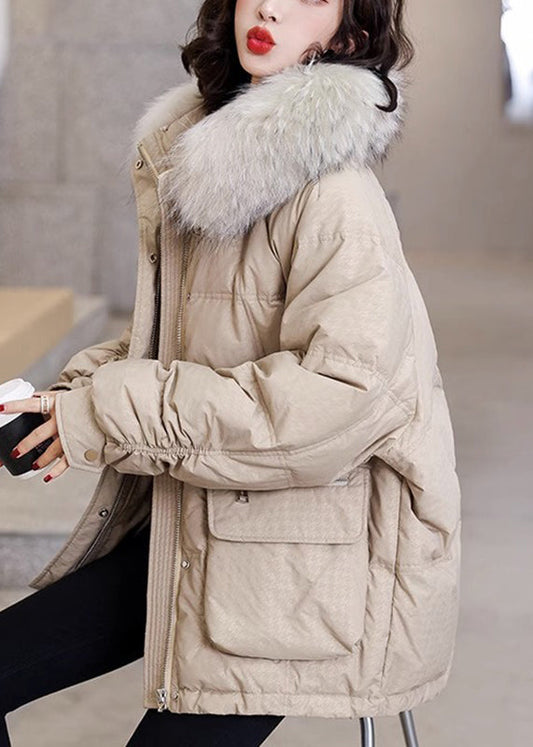 Khaki Warm Pockets Fox Collar Duck Down Coats Winter