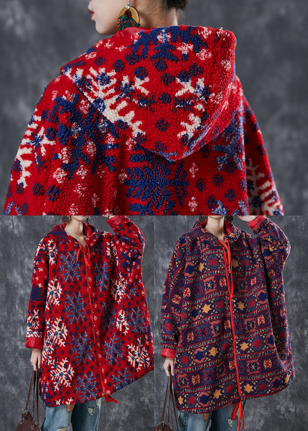 Red Oversized Print Faux Fur Teddy Coats Winter