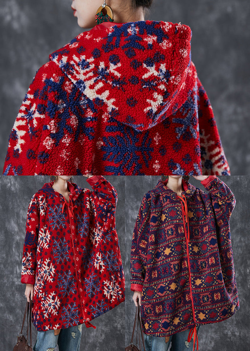 Red Oversized Print Faux Fur Teddy Coats Winter