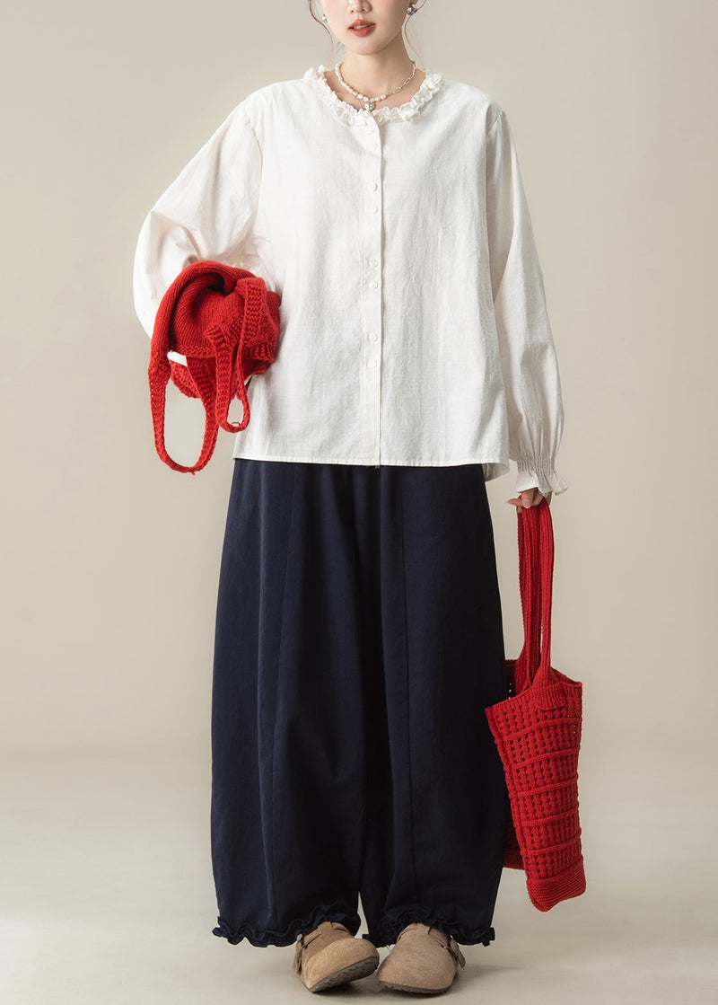Red Hollow Out Knit Vest White Shirts and Navy Ruffled Pants Cotton Three Pieces Set