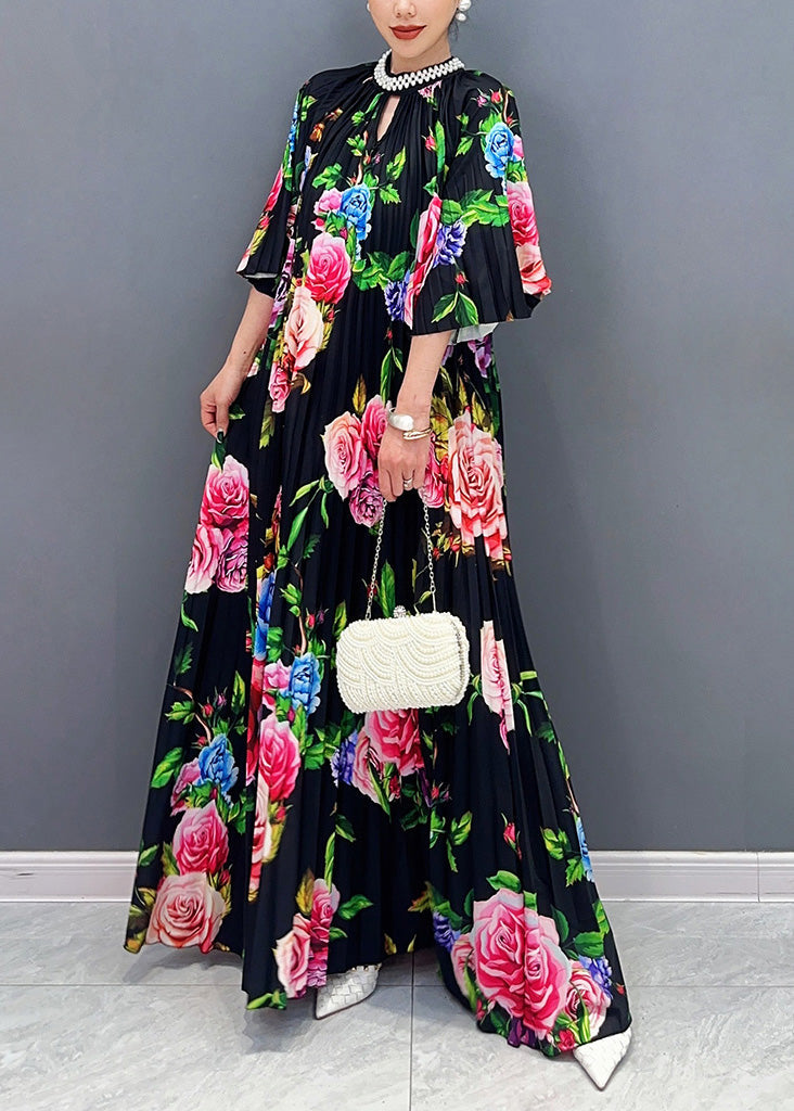 Black Blossoming Cotton Long Dress Summer