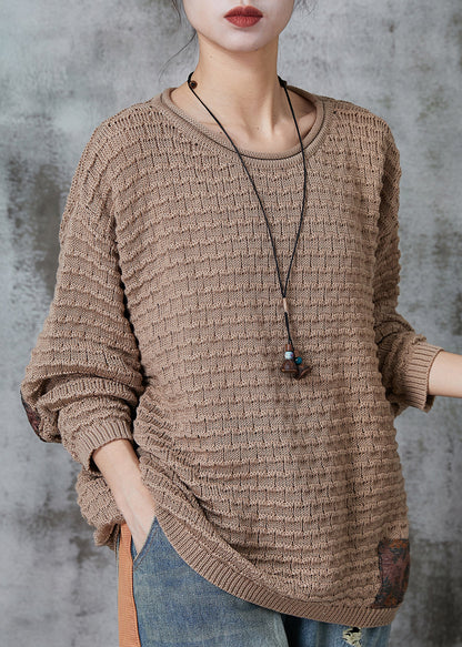 Khaki Oversized Patchwork Knit Tops Spring