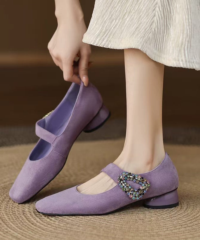 Purple Zircon Buckle Strap Splicing Suede Chunky Shoes