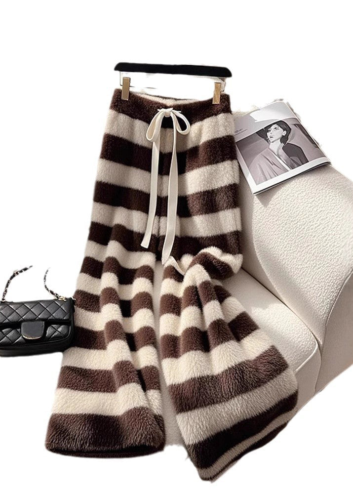 Cozy Coffee Striped Fuzzy Fur Pants Spring