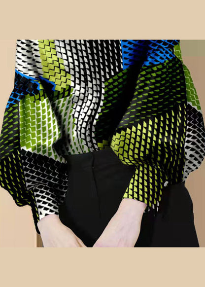 Colorblock Button Peter Pan Collar Print Blouses Lantern Sleeve