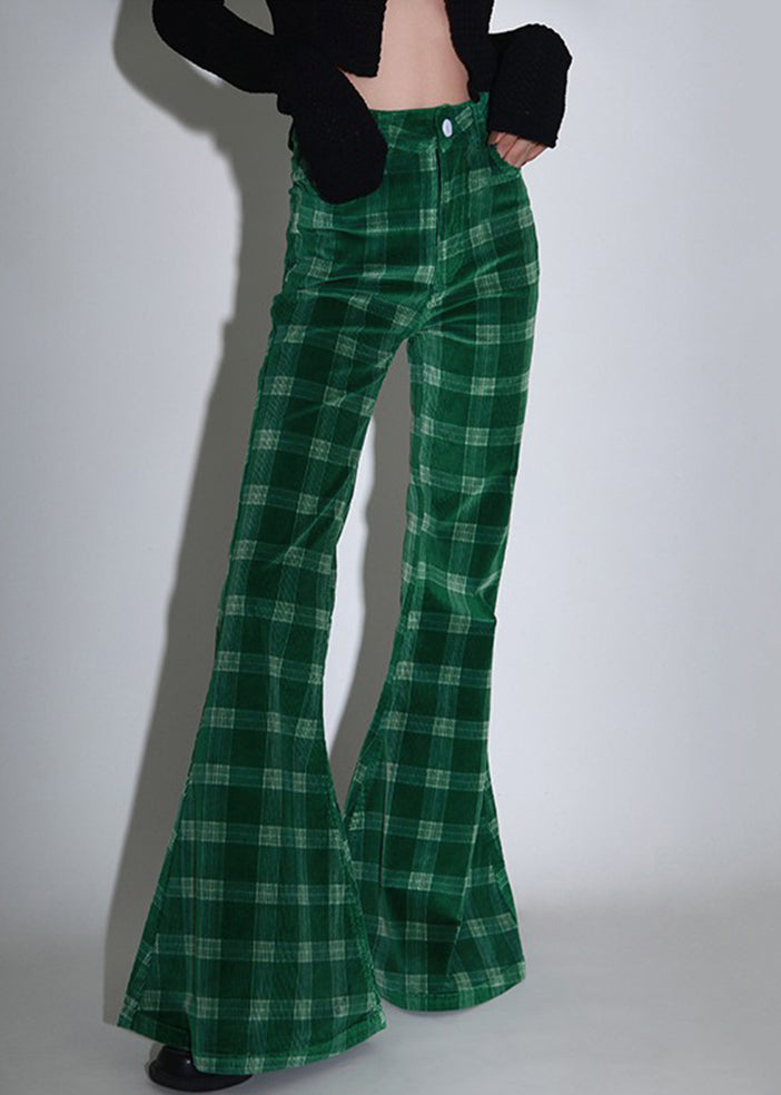 Green Plaid Pockets Corduroy Flare Bottoms Spring
