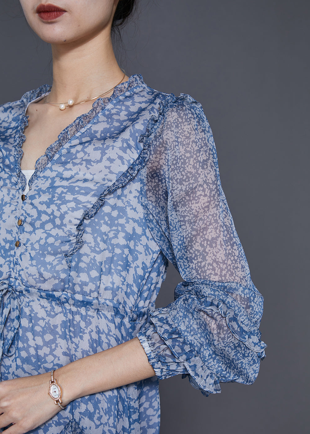 Blue Ruffled Patchwork Print Chiffon Cinched Dress Spring