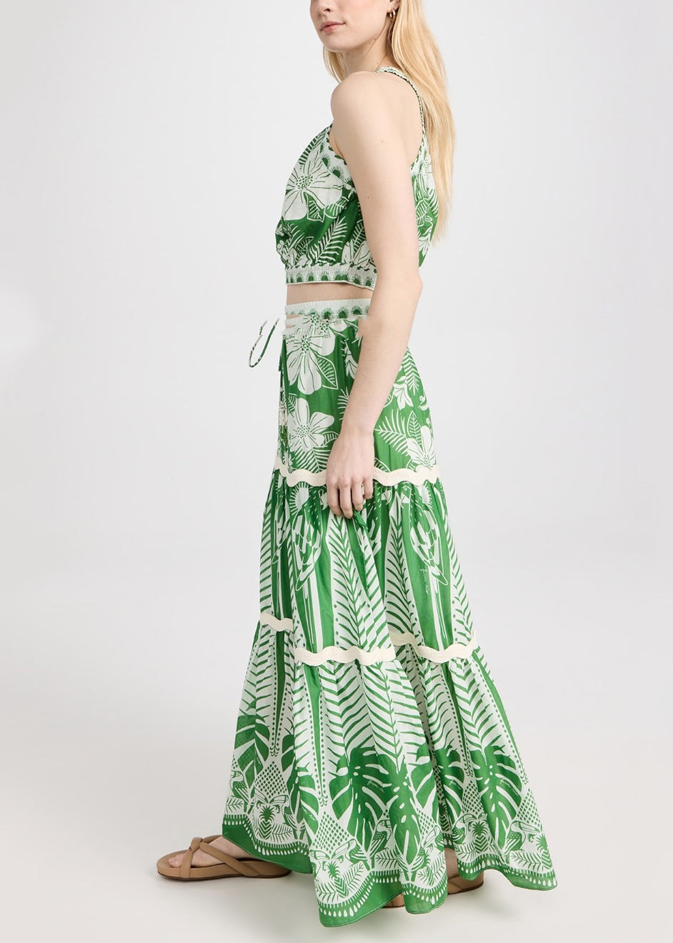 Italian Green One Shoulder Print Top and Maxi Skirts Two Pieces Set Sleeveless