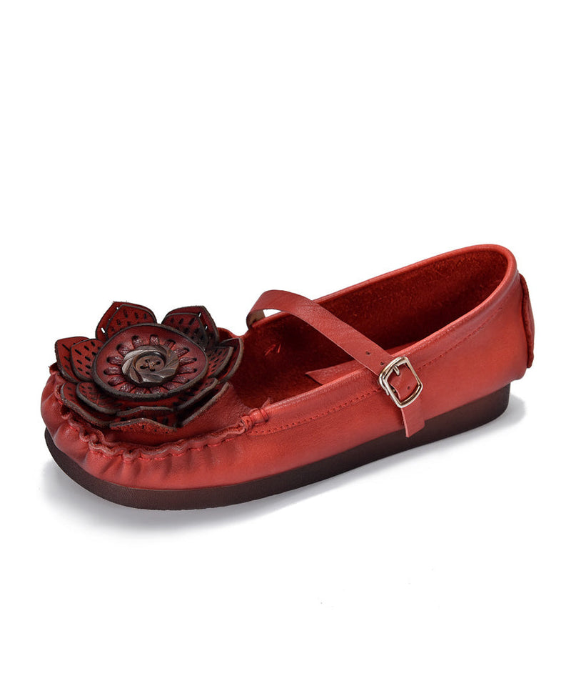 Cowhide Leather Flat Shoes for Red Splicing Buckle Strap