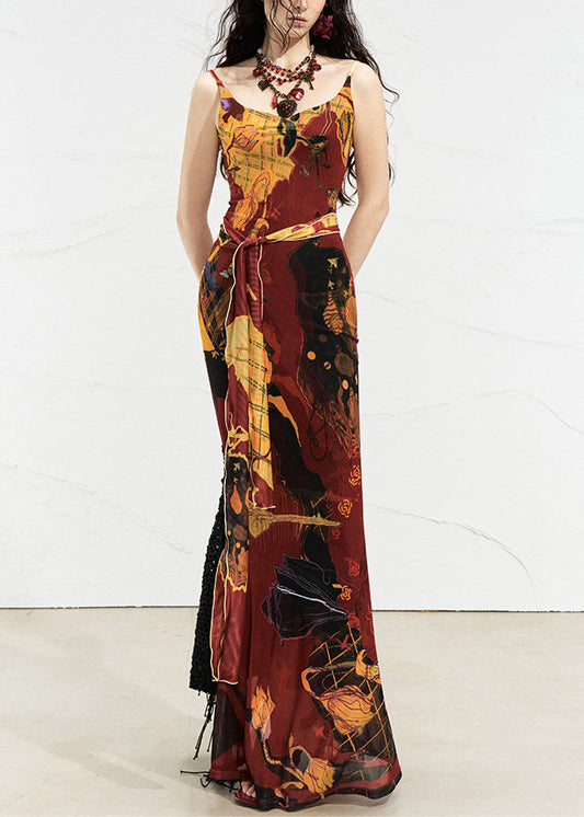 Red O-neck Long Spaghetti Strap Dress Sleeveless