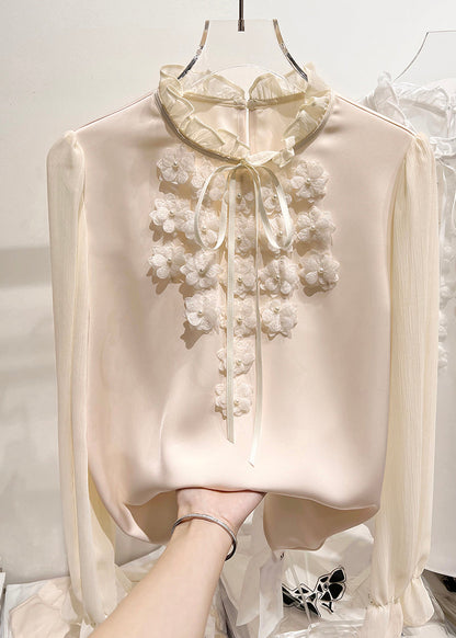 Apricot Ruffled Lace Up Chiffon Shirt Long Sleeve Spring