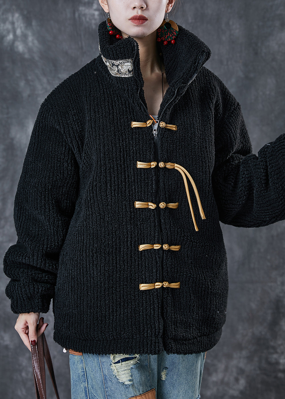 Black Zip Up Patchwork Chinese Button Fine Cotton Filled Jacket Winter