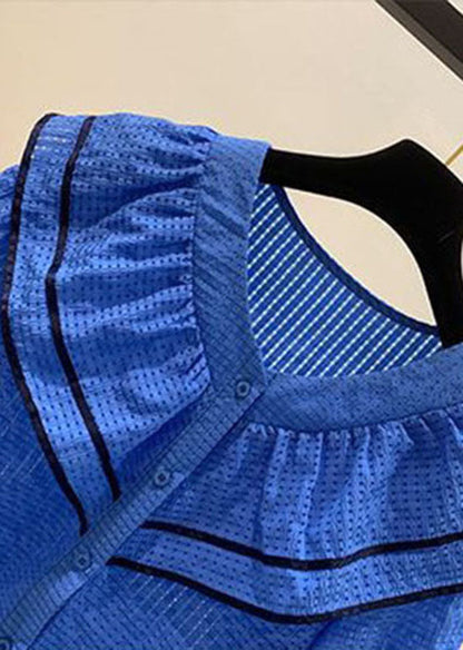 Blue Ruffled Patchwork Chiffon Shirt Tops Summer