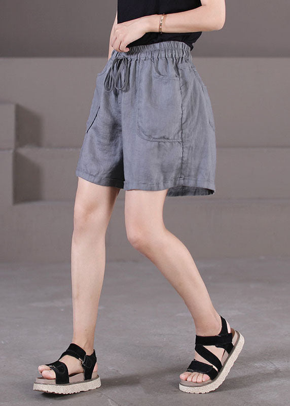 Black Elastic Waist Drawstring Pockets Linen Wide Leg Shorts Summer