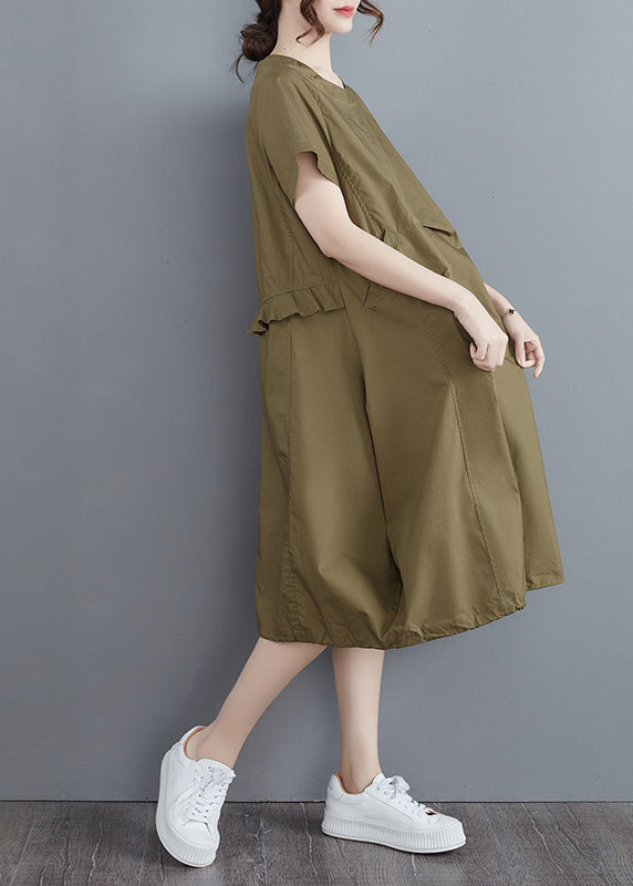 Army Green Ruffles O-neck Cotton Dress Short Sleeve