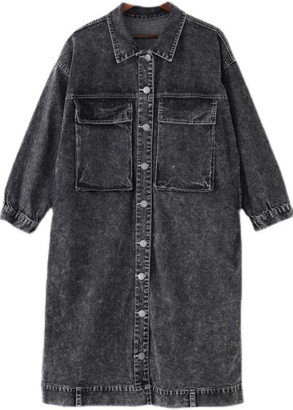 Fine Grey Peterpan Collar Button Fall Pockets Long Sleeve Coat