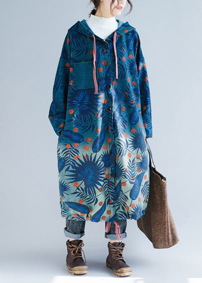 Italian Navy Drawstring Print Hooded Coat Spring