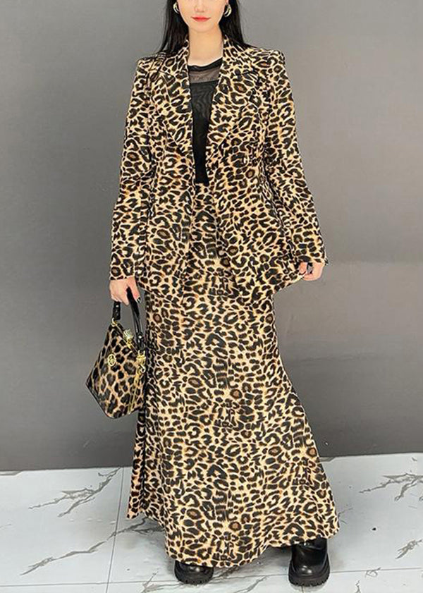 Leopard Coat and Skirts Two Pieces Set Fall