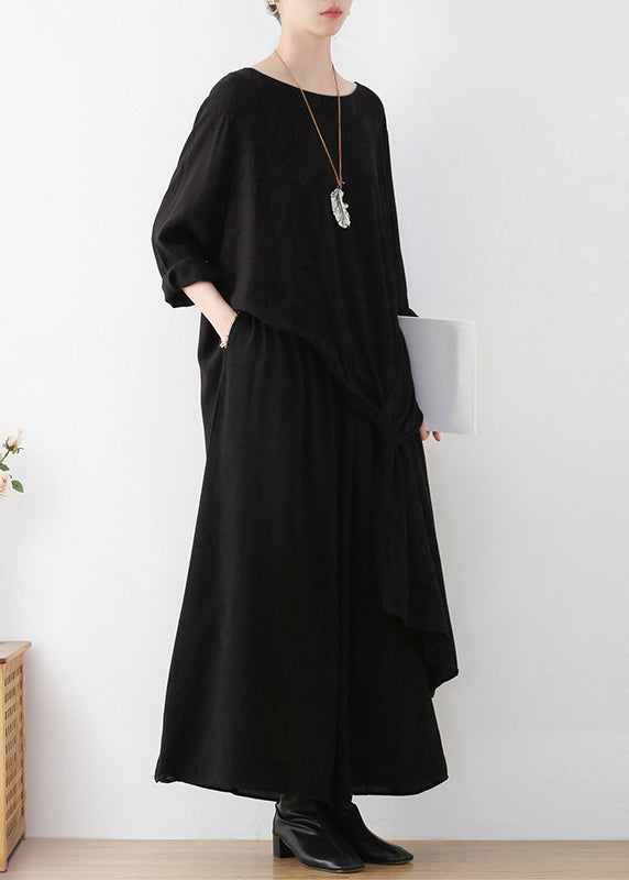 Loose Black O-neck Asymmetrical Top and Wide Leg Pants Two Pieces Set Fall