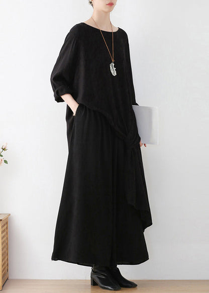 Loose Black O-neck Asymmetrical Top and Wide Leg Pants Two Pieces Set Fall