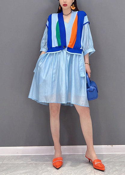 Modern Blue V Neck Striped Patchwork Button Wrinkled Dresses Half Sleeve