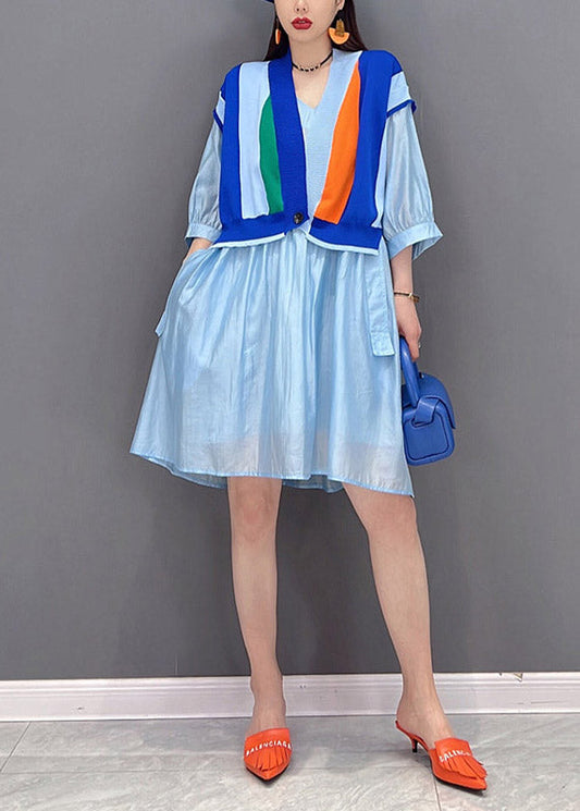 Modern Blue V Neck Striped Patchwork Button Wrinkled Dresses Half Sleeve