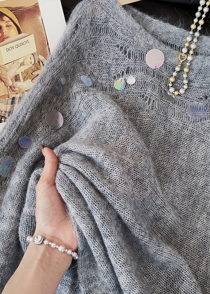 Grey Sequins Hollow Out Knitted Tops Fall