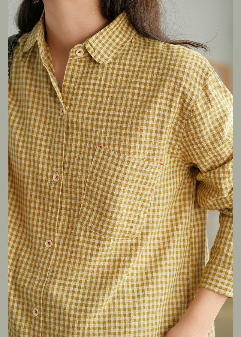 Yellow Plaid Retro Pockets Spring Long Sleeve Blouse Top