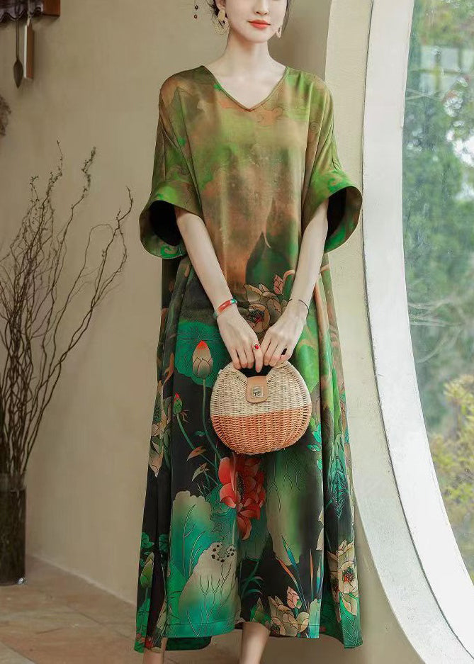Green O Neck Print Cotton Blend Long Dresses Summer