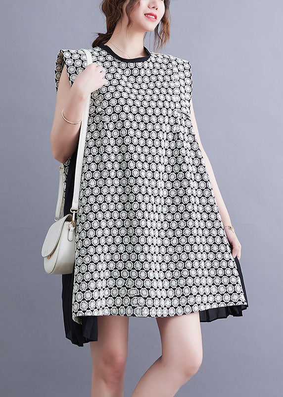 Modern Black O-neck Chiffon Patchwork Print Cotton a Line Dress Sleeveless