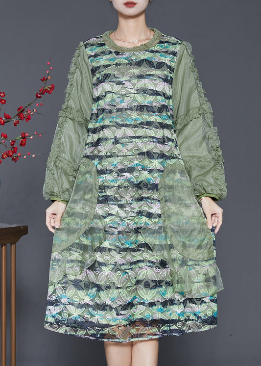 Classy Green Ruffled Patchwork Silk Dress Spring