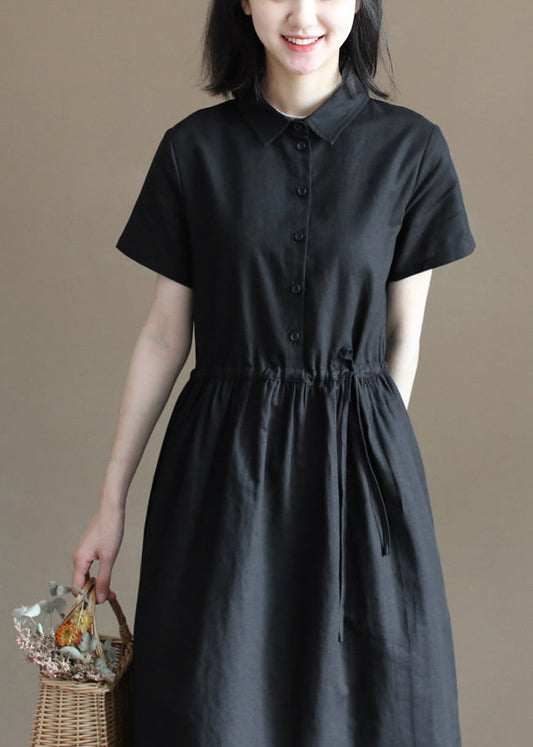 Black Drawstring Peter Pan Collar Button Cotton Linen Shirt Dress Short Sleeve
