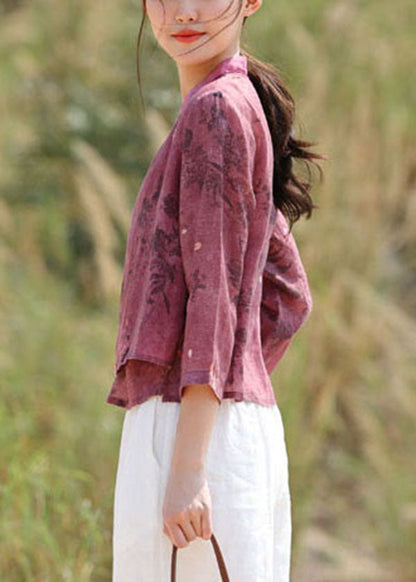 Purple Red Embroideried Tie Waist V Neck Patchwork Linen Tops Spring